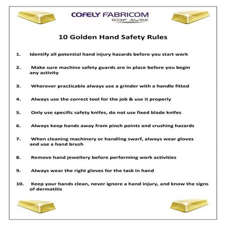 10 golden hand safety rules poster