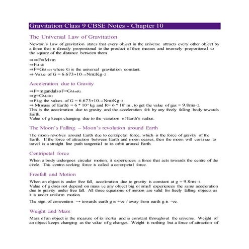10 gravitation class 9 cbse notes
