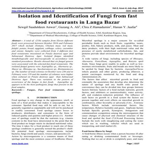 Isolation and Identification of Fungi from fast food restaurants in Langa Bazar