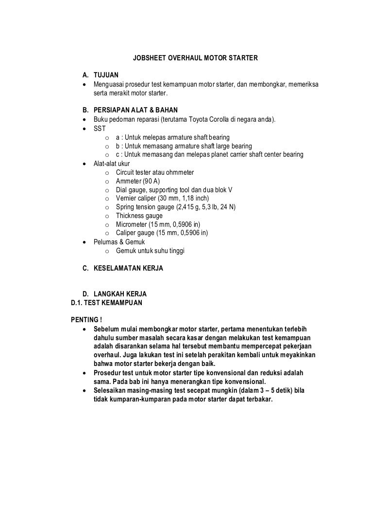 Jobsheet Overhaule Motor Starter Mobil