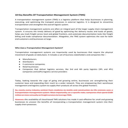 10 Key Benefits Of Transportation Management System (TMS)