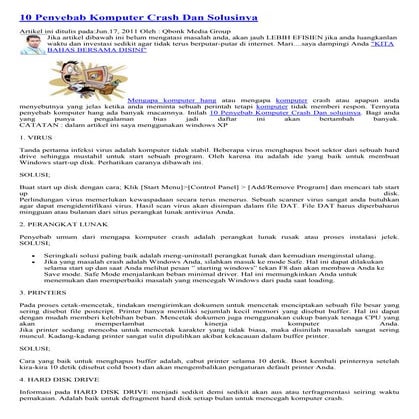 10 penyebab komputer crash dan solusinya