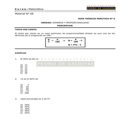 Material pre universitario pedro de valdivia (PSU) 10 porcentajes
