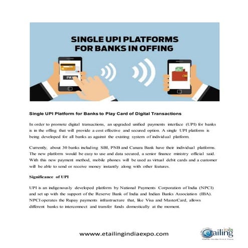 Single UPI Platform for Banks to Play Card of Digital Transactions
