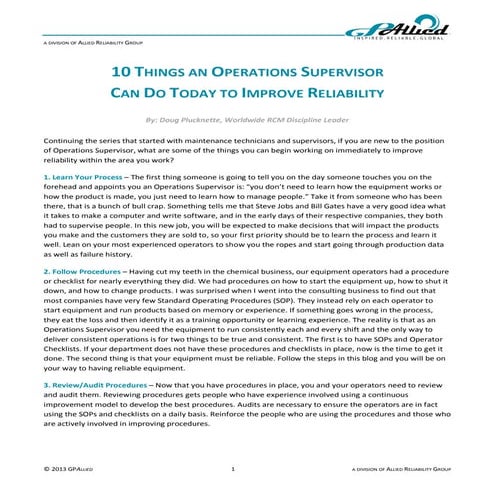 10 Things an Operations Supervisor can do Today to Improve Reliability