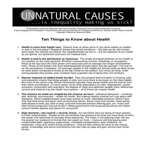 Ten Things to Know about Health from Unnatural Causes