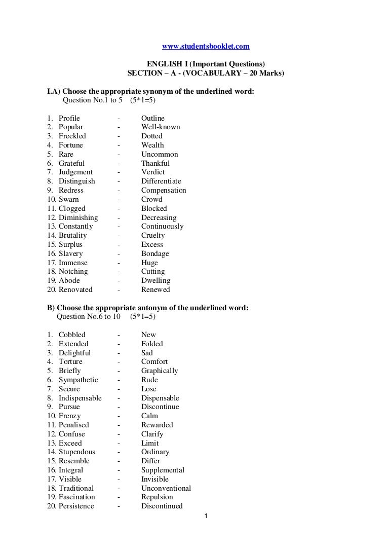 Worksheets Word Wise With Synonym ,antonym,homophone 10th samacheer kalvi english i important questions
