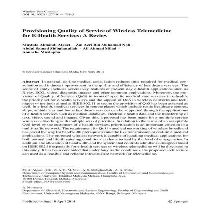 Provisioning Quality of Service of Wireless Telemedicine for E-Health Service...