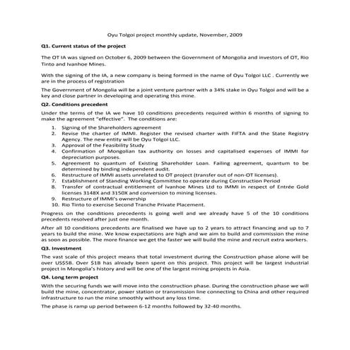 11.2009, REPORT, Oyu Tolgoi Monthly Update, OT