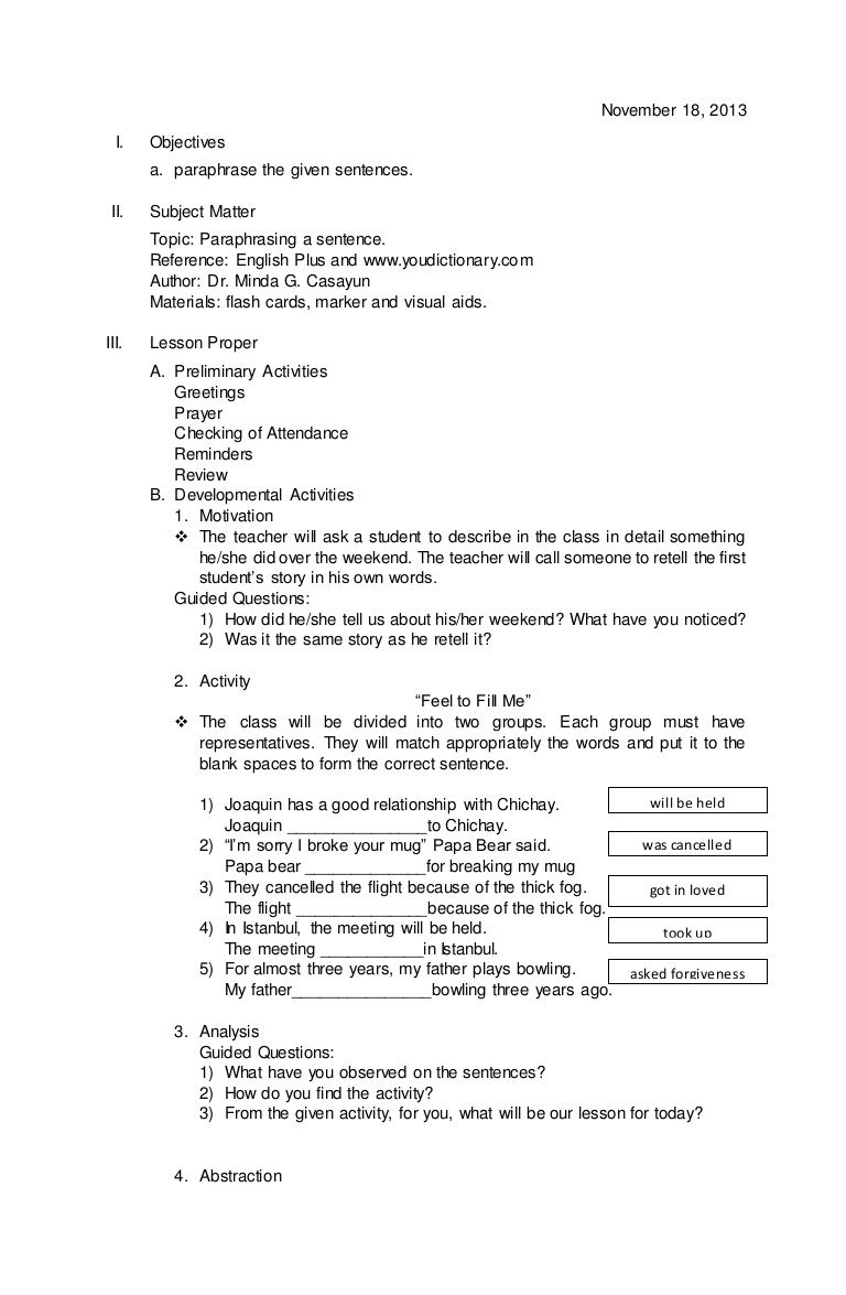 Paraphrasing Sentence Lesson Plan In English 4th Year