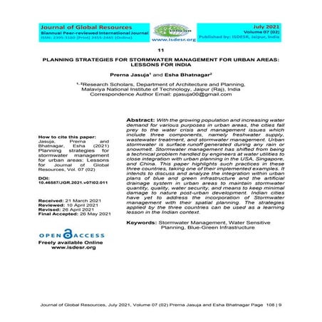 Research paper PLANNING STRATEGIES FOR STORMWATER MANAGEMENT FOR URBAN AREAS:...