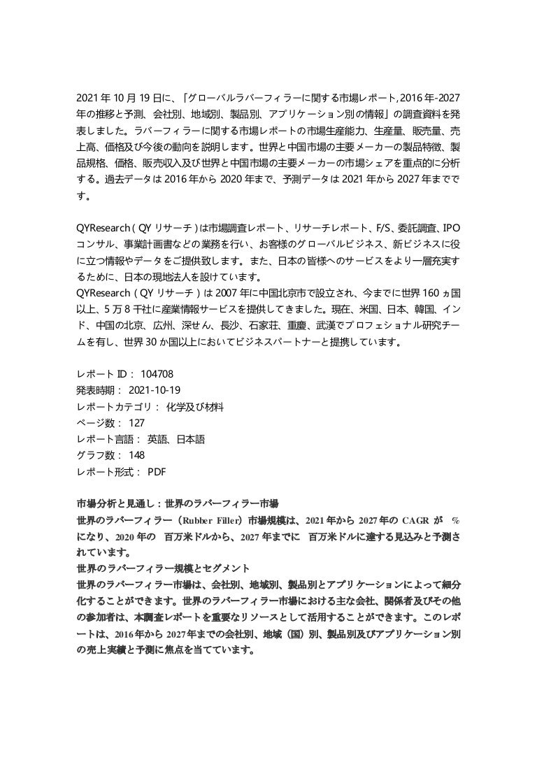 グローバルラバーフィラーに関する市場レポート, 2016年-2027年の推移と予測、会社別、地域別、製品別、アプリケーション別の情報 3 11 211112083529 thumbnail 4