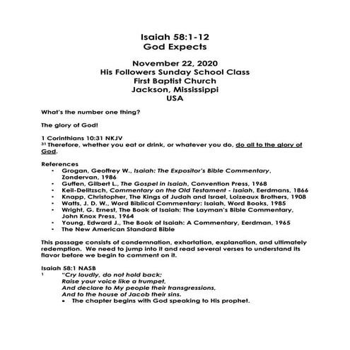 11-22-20, Isaiah 58;1-12, God Expects