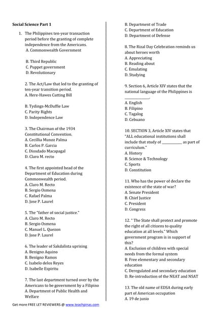 Formative assessment for social studies let reviewer | PDF