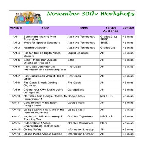 November 30th Workshop Schedule