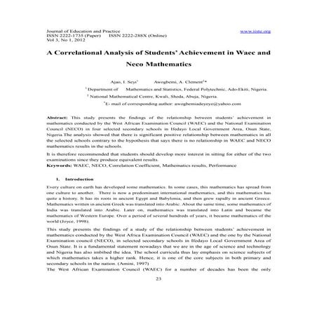 11.a correlational analysis of students achievement in waec and neco mathematics