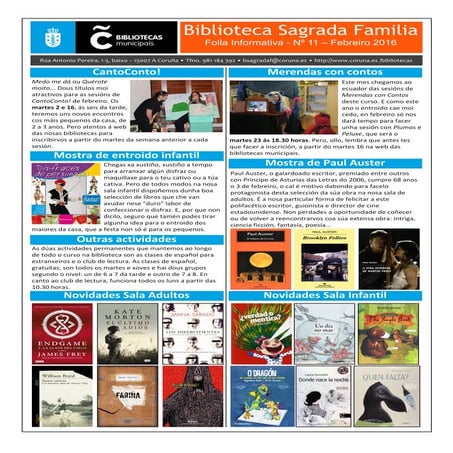 Boletín Informativo de febreiro 2016 da Biblioteca Sagrada Familia da Coruña