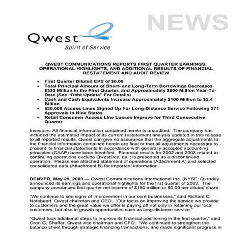 qwest communications 1Q 03_Earnings_Release