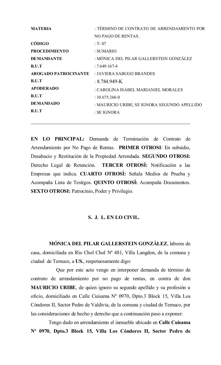 Demanda de término de arrendamiento por no pago de rentas Demanda de término de arrendamiento por no pago de rentas