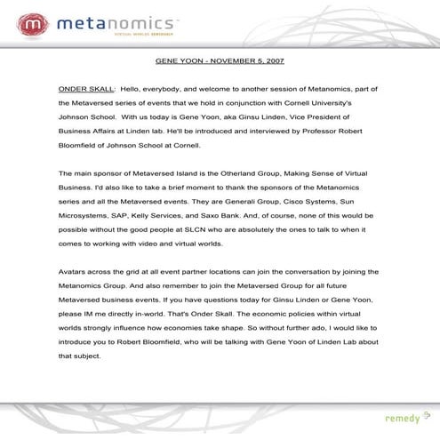 110507 Second Life's Economic Architecture Metanomics Transcript