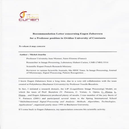 Letter of recommendation PhD Prof. MICHEL JOURLIN - France