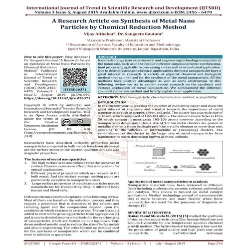 A Research Article on Synthesis of Metal Nano Particles by Chemical Reduction...