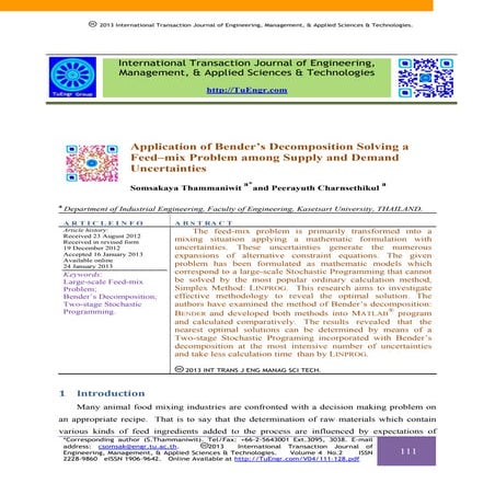 Application of Bender’s Decomposition Solving a Feed–mix Problem among Supply...