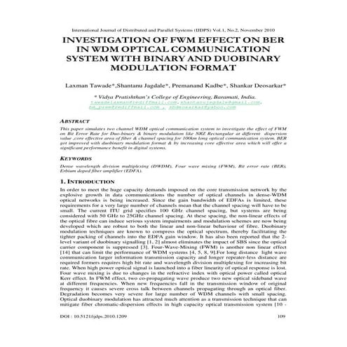 INVESTIGATION OF FWM EFFECT ON BER IN WDM OPTICAL COMMUNICATION SYSTEM WITH B...