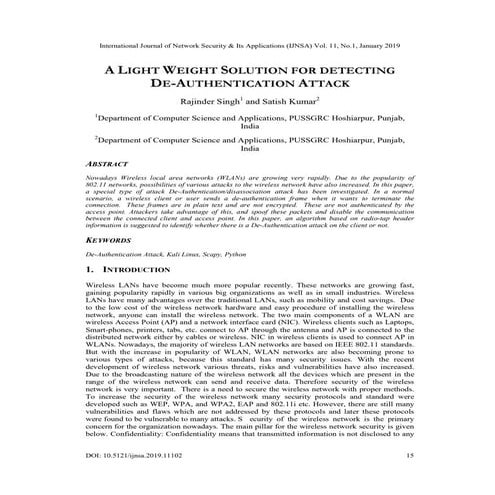 A LIGHT WEIGHT SOLUTION FOR DETECTING DE-AUTHENTICATION ATTACK