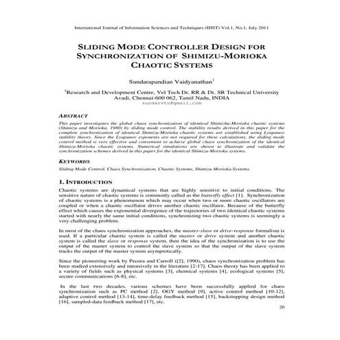 SLIDING MODE CONTROLLER DESIGN FOR SYNCHRONIZATION OF SHIMIZU-MORIOKA CHAOTIC...