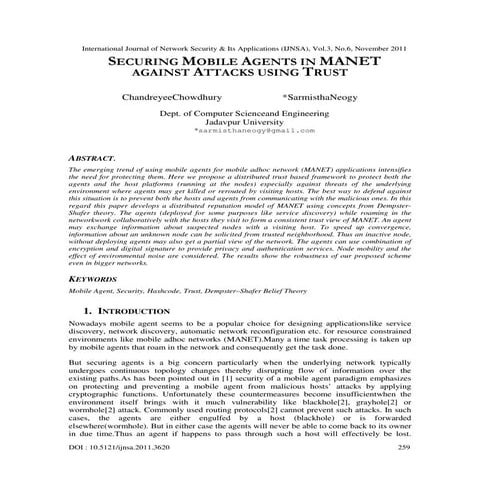 SECURING MOBILE AGENTS IN MANET AGAINST ATTACKS USING TRUST