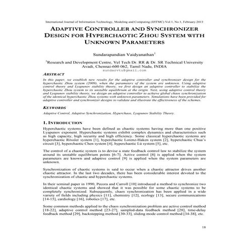 Adaptive Controller and Synchronizer Design for Hyperchaotic Zhou System with...
