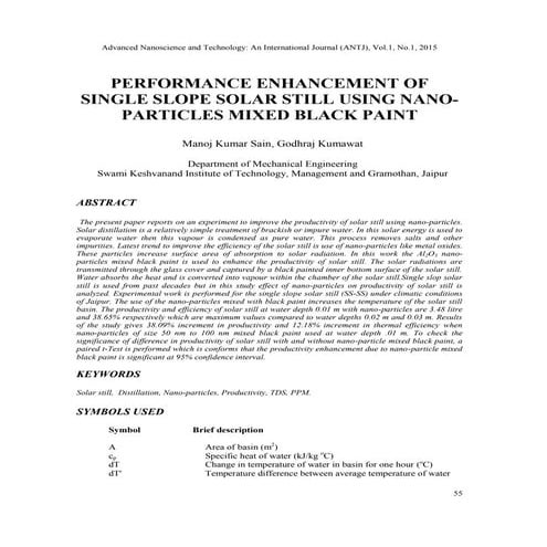 Performance Enhancement of Single Slope Solar Still Using Nano-Particles Mixe...