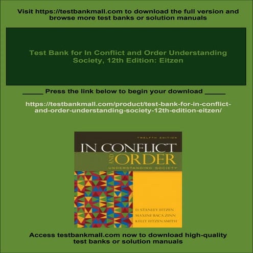 Test Bank for In Conflict and Order Understanding Society, 12th Edition: Eitzen