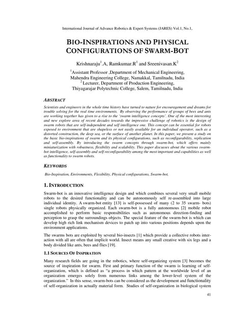 BIO-INSPIRATIONS AND PHYSICAL CONFIGURATIONS OF SWARM-BOT