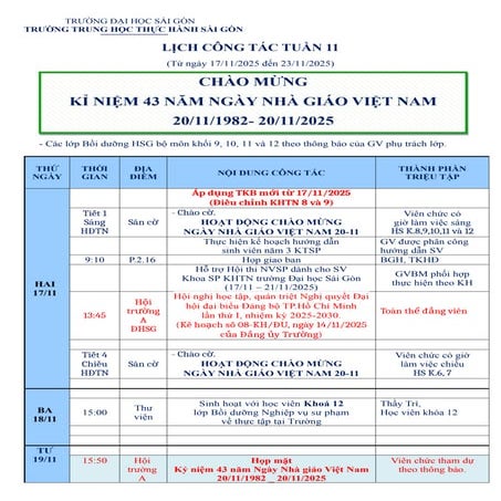 LỊCH CÔNG TÁC TUẦN 11 (Từ ngày 17/11/2025 đến 23/11/2025)