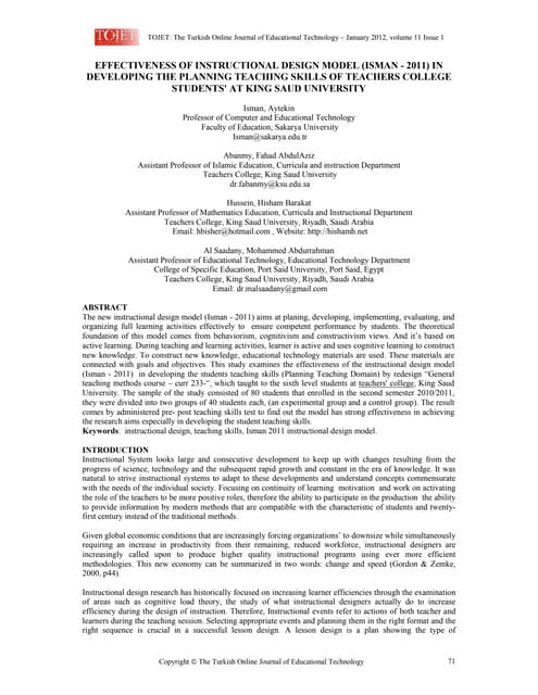 EFFECTIVENESS OF INSTRUCTIONAL DESIGN MODEL (ISMAN - 2011) IN  DEVELOPING THE...