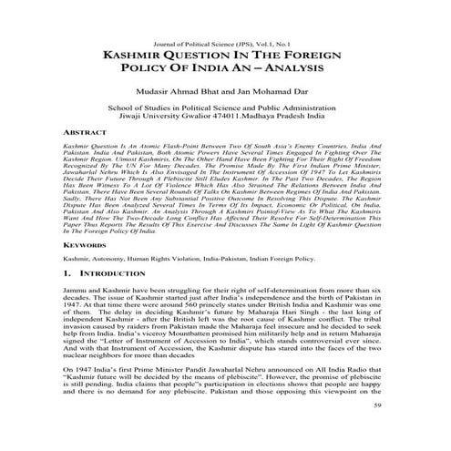 Kashmir Question in the Foreign Policy of India An – Analysis