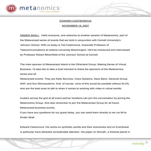 111907 Synthetic Economics Metanomics Transcript