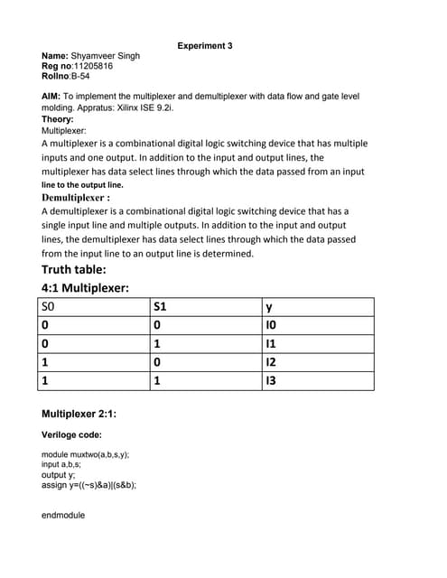 Verilog VHDL code Multiplexer and De Multiplexer | PDF