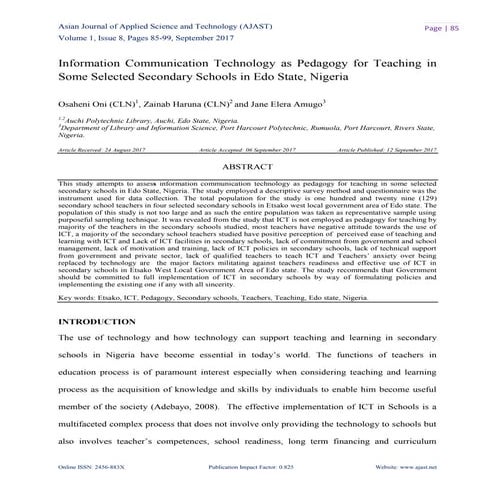 Information Communication Technology as Pedagogy for Teaching in Some Selecte...