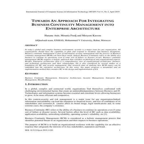 TOWARDS AN APPROACH FOR INTEGRATING BUSINESS CONTINUITY MANAGEMENT INTO ENTER...