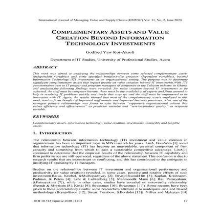 COMPLEMENTARY ASSETS AND VALUE CREATION BEYOND INFORMATION TECHNOLOGY INVESTM...