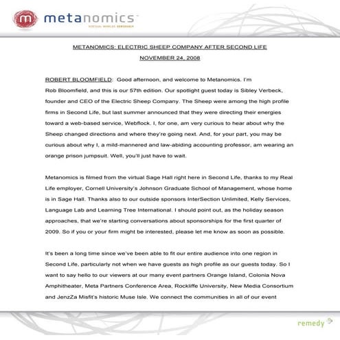 112408 Electric Sheep Company Metanomics Transcript
