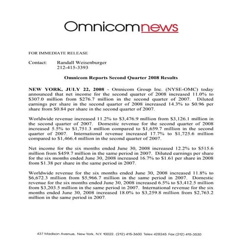 omnicom group  Q2 2008 Earnings Release