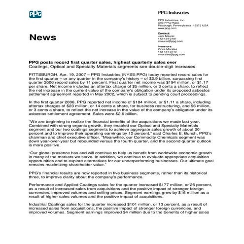 ppg industries 1Q2007EARNINGSRELEASE041907