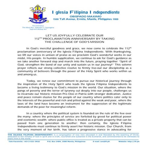 112th ifi proclamation anniversary celebration message | PDF