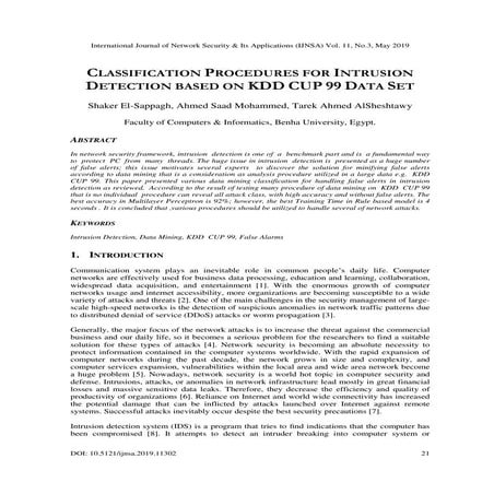 CLASSIFICATION PROCEDURES FOR INTRUSION DETECTION BASED ON KDD CUP 99 DATA SET