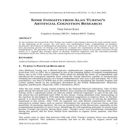 SOME INSIGHTS FROM ALAN TURING’S ARTIFICIAL COGNITION RESEARCH