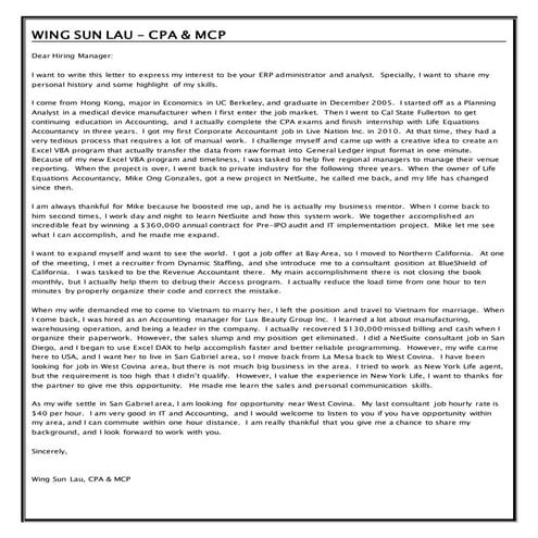 Wing Sun Lau's Cover Letter